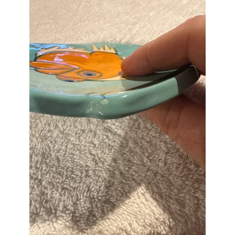 Vintage Ceramic Aqua & Yellow Fish Trinket Dish-Soap Dish-Kitsch-Tropical-Beachy